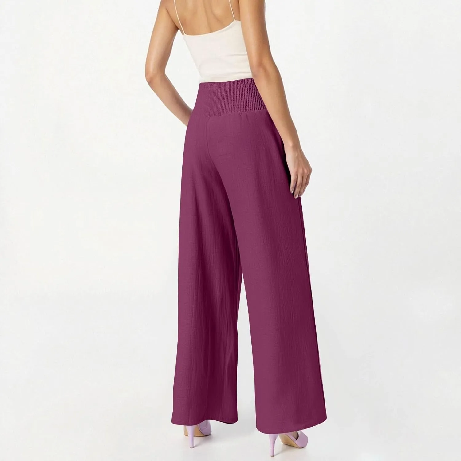 Wide Leg Linen Pants for Women Summer Smocked High Waisted Casual Palazzo Pants Lounge Trouser with Pockets (S-XXL)