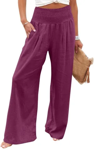 Wide Leg Linen Pants for Women Summer Smocked High Waisted Casual Palazzo Pants Lounge Trouser with Pockets (S-XXL)