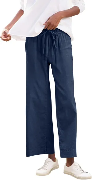Wide Leg Linen Pants Woman Elastic High Waist Cropped Slacks Trendy Summer Business Casual Work Lounge Trouser Pockets
