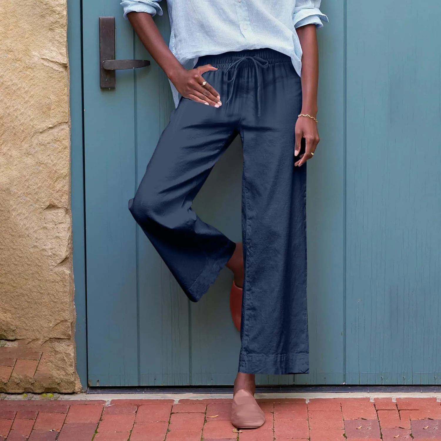 Wide Leg Linen Pants Woman Elastic High Waist Cropped Slacks Trendy Summer Business Casual Work Lounge Trouser Pockets