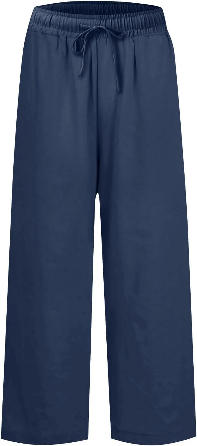 Wide Leg Linen Pants Woman Elastic High Waist Cropped Slacks Trendy Summer Business Casual Work Lounge Trouser Pockets