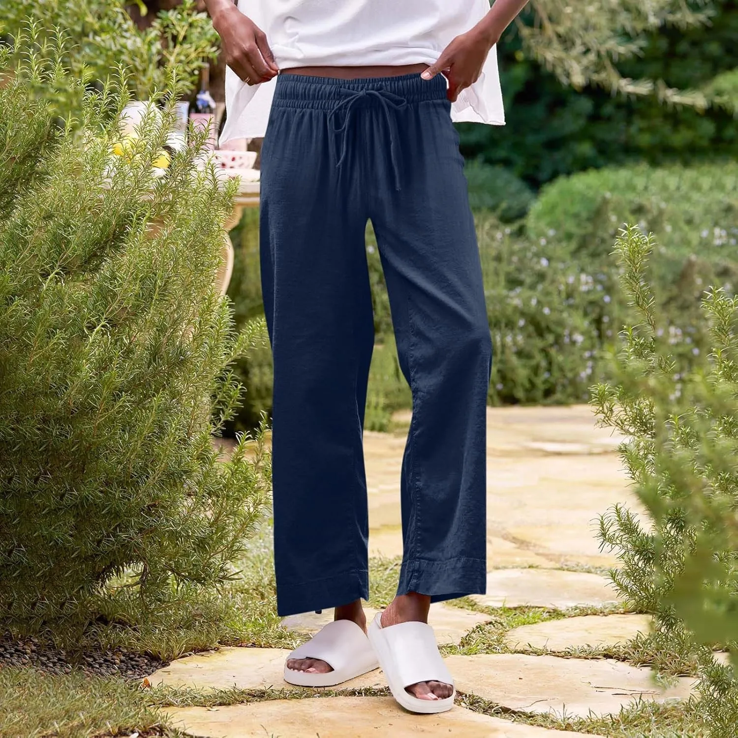 Wide Leg Linen Pants Woman Elastic High Waist Cropped Slacks Trendy Summer Business Casual Work Lounge Trouser Pockets