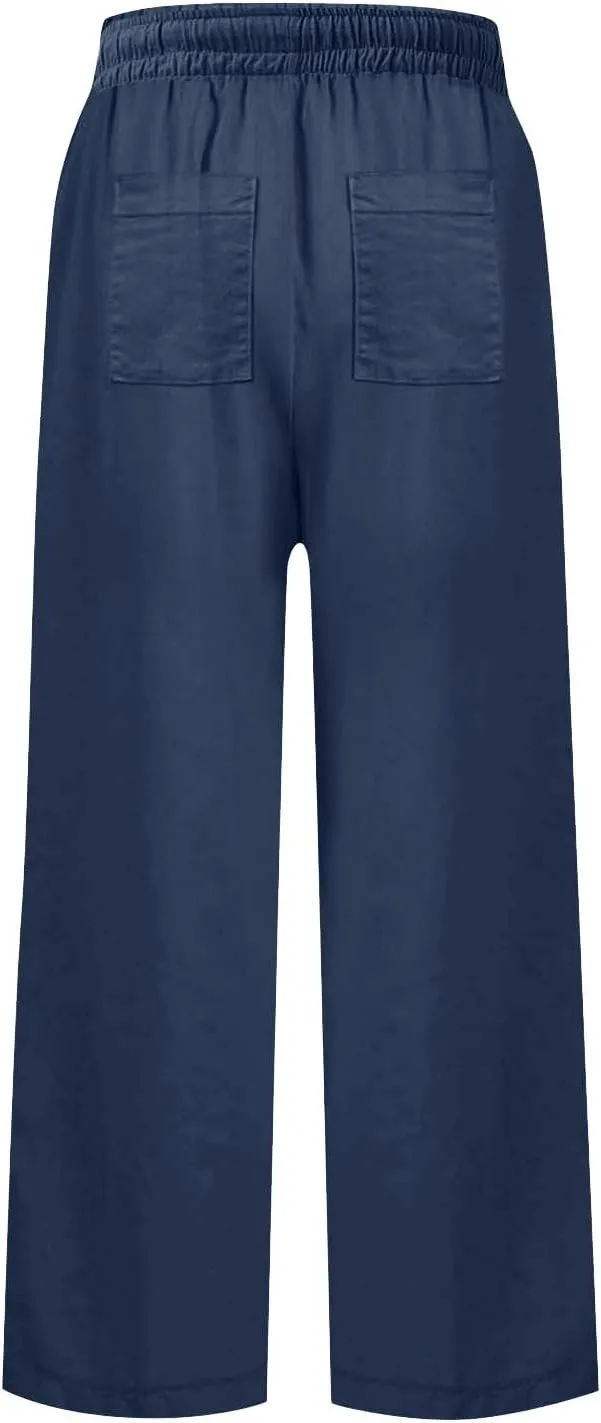 Wide Leg Linen Pants Woman Elastic High Waist Cropped Slacks Trendy Summer Business Casual Work Lounge Trouser Pockets