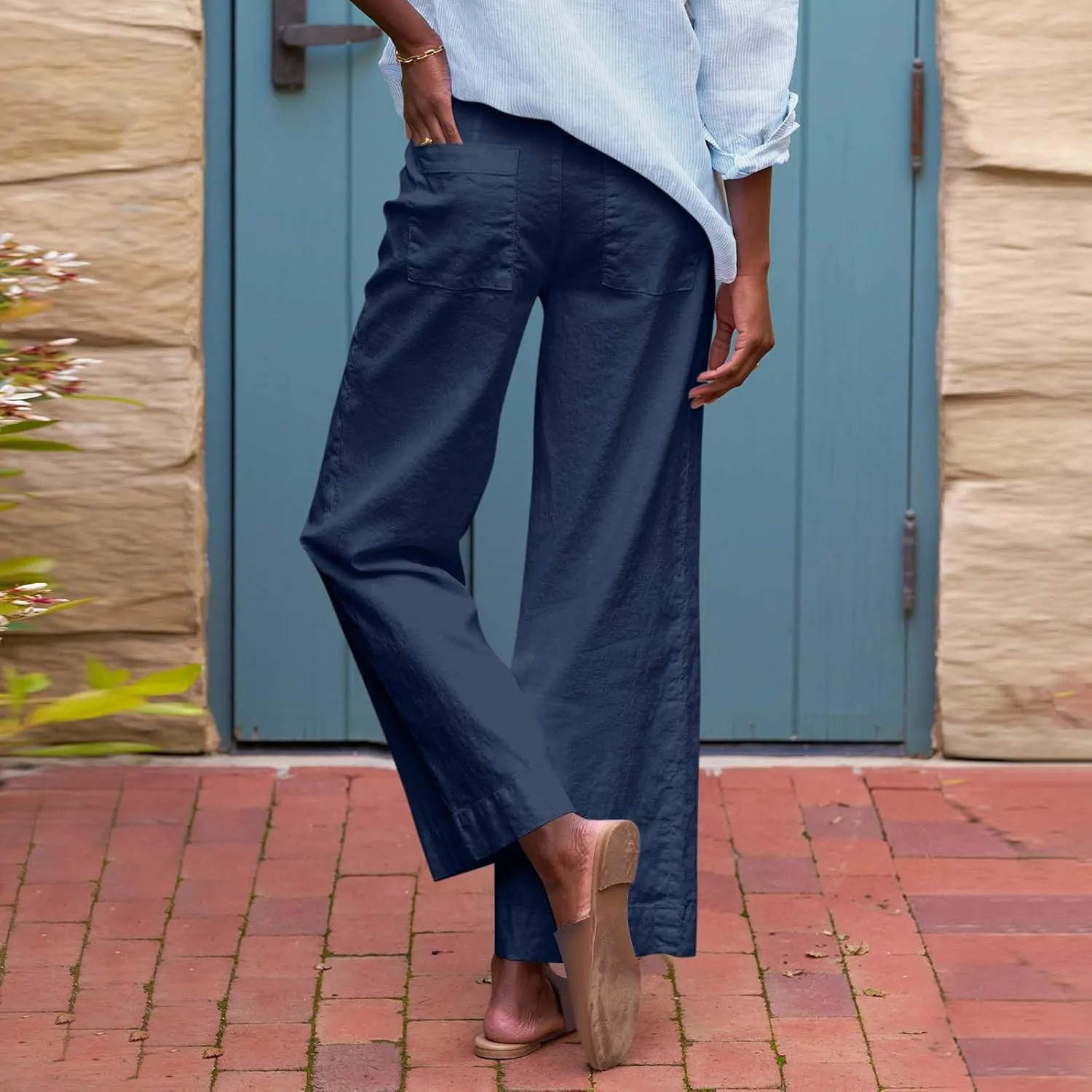 Wide Leg Linen Pants Woman Elastic High Waist Cropped Slacks Trendy Summer Business Casual Work Lounge Trouser Pockets