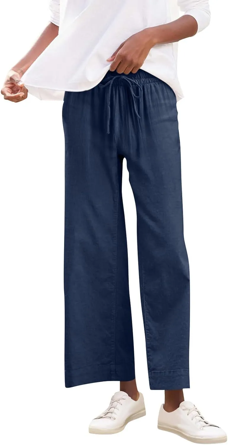 Wide Leg Linen Pants Woman Elastic High Waist Cropped Slacks Trendy Summer Business Casual Work Lounge Trouser Pockets