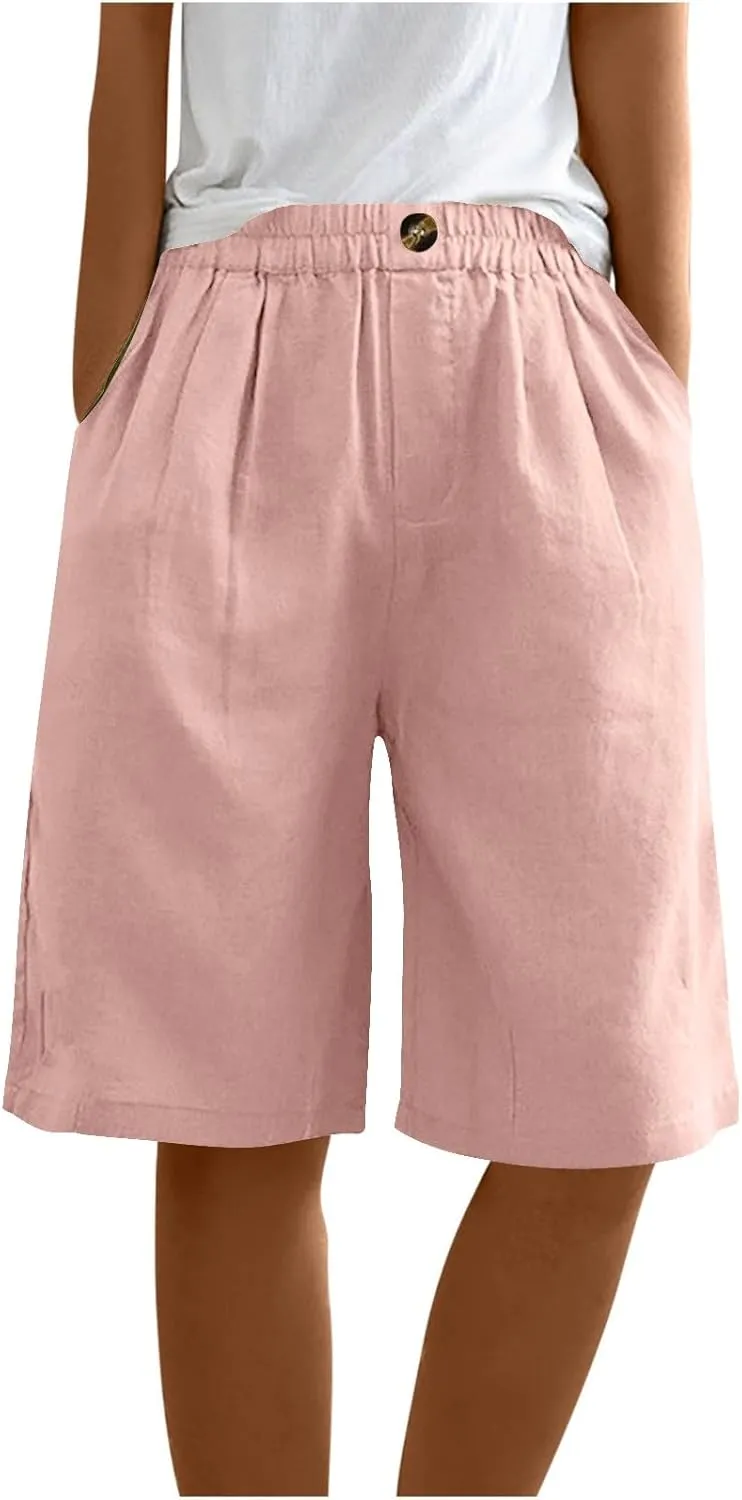 Wide Leg Linen Shorts for Women Knee Length Bermuda Shorts Summer Casual Loose Elastic Waist Beach Pants with Pocket