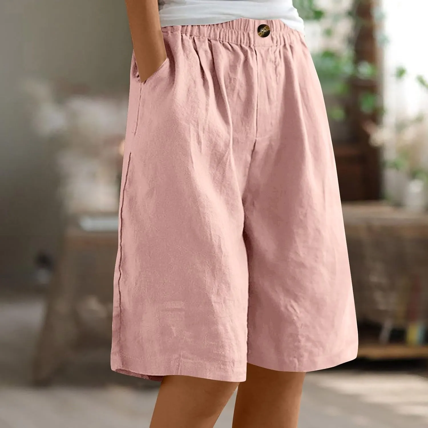 Wide Leg Linen Shorts for Women Knee Length Bermuda Shorts Summer Casual Loose Elastic Waist Beach Pants with Pocket