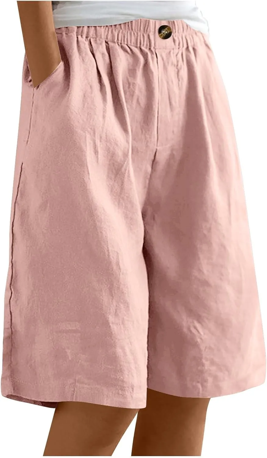 Wide Leg Linen Shorts for Women Knee Length Bermuda Shorts Summer Casual Loose Elastic Waist Beach Pants with Pocket