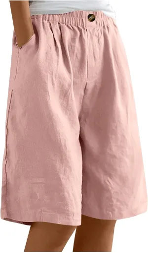 Wide Leg Linen Shorts for Women Knee Length Bermuda Shorts Summer Casual Loose Elastic Waist Beach Pants with Pocket