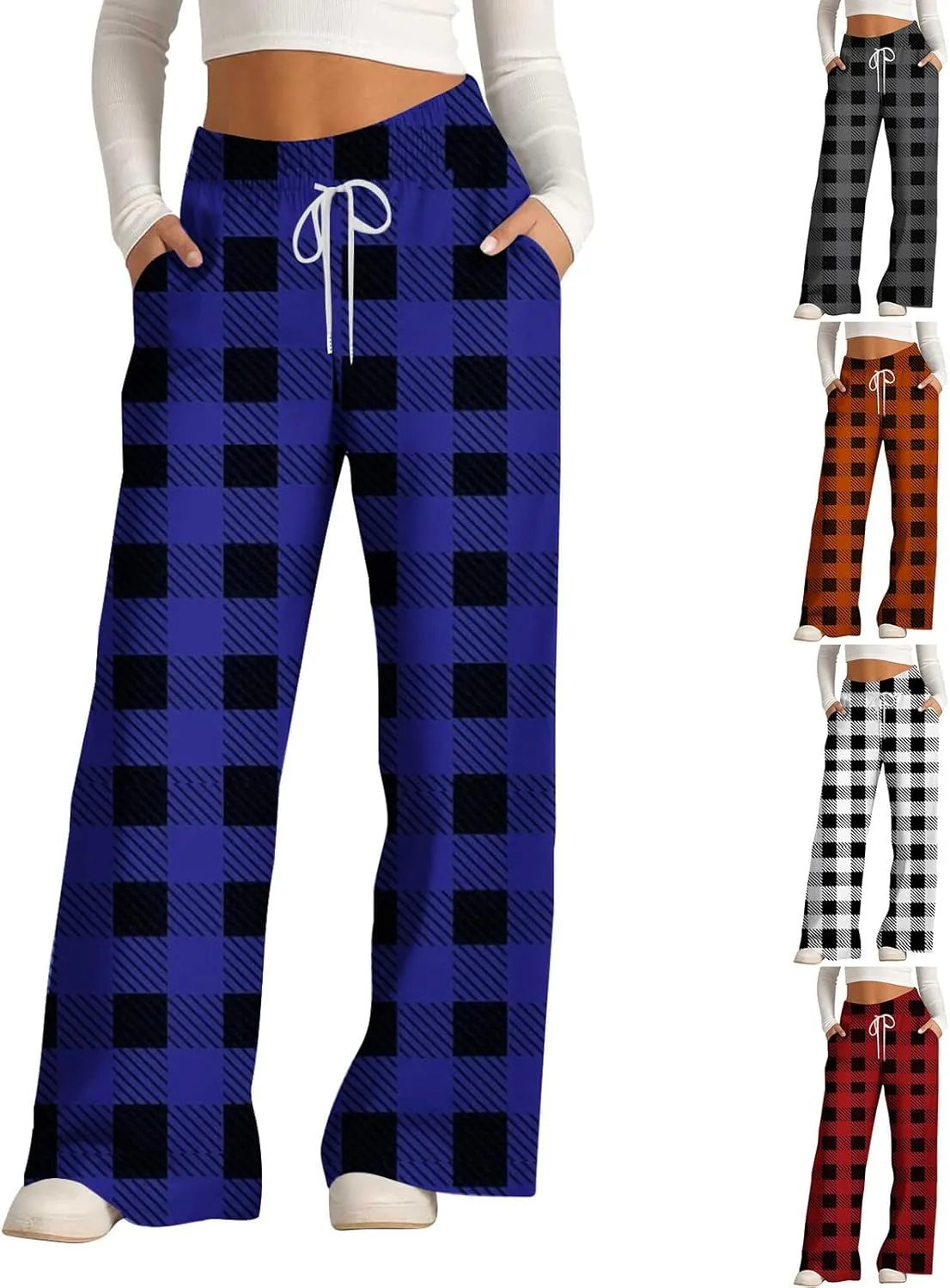 Wide Leg Sweatpants for Women High Waist Drawstring Workout Trousers Striped Print Loose Flowy Y2K Pants with Pockets