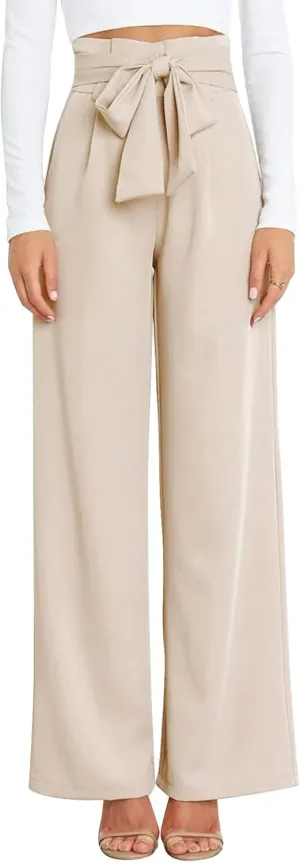 Wide Leg Work Pants for Women Dressy High Waist Bow Tiw Lace Up Baggy Pants Trendy Loose Fit Comfort Business Trousers