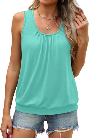 WIHOLL Women's Summer Tank Tops Loose Fit Pleated Scoop Neck Shirts Casual Sleeveless Tops Banded Bottom