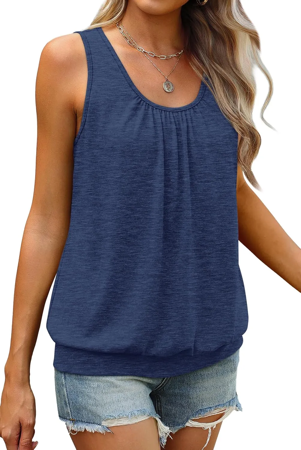 WIHOLL Women's Summer Tank Tops Loose Fit Pleated Scoop Neck Shirts Casual Sleeveless Tops Banded Bottom