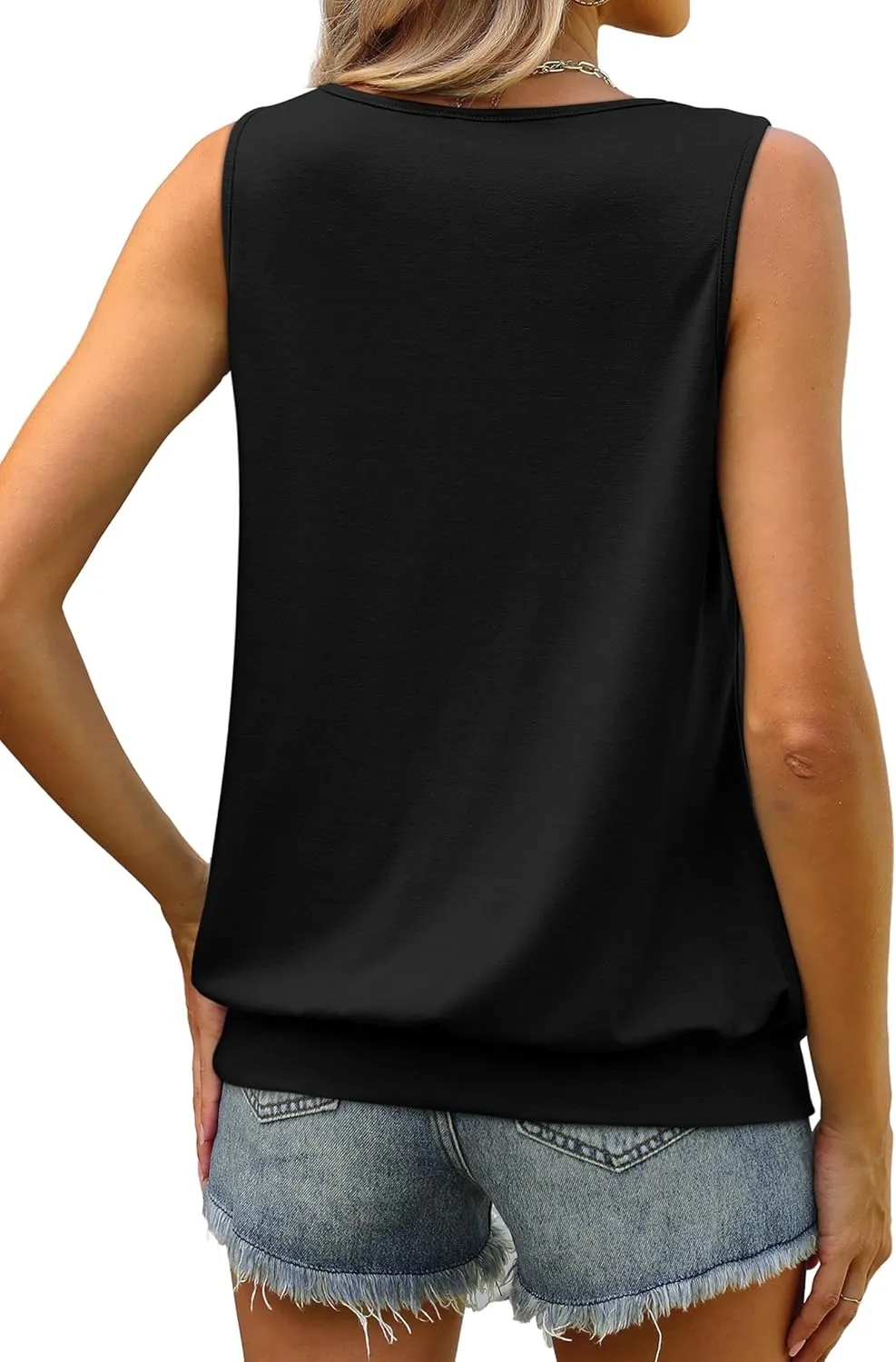 WIHOLL Women's Summer Tank Tops Loose Fit Pleated Scoop Neck Shirts Casual Sleeveless Tops Banded Bottom