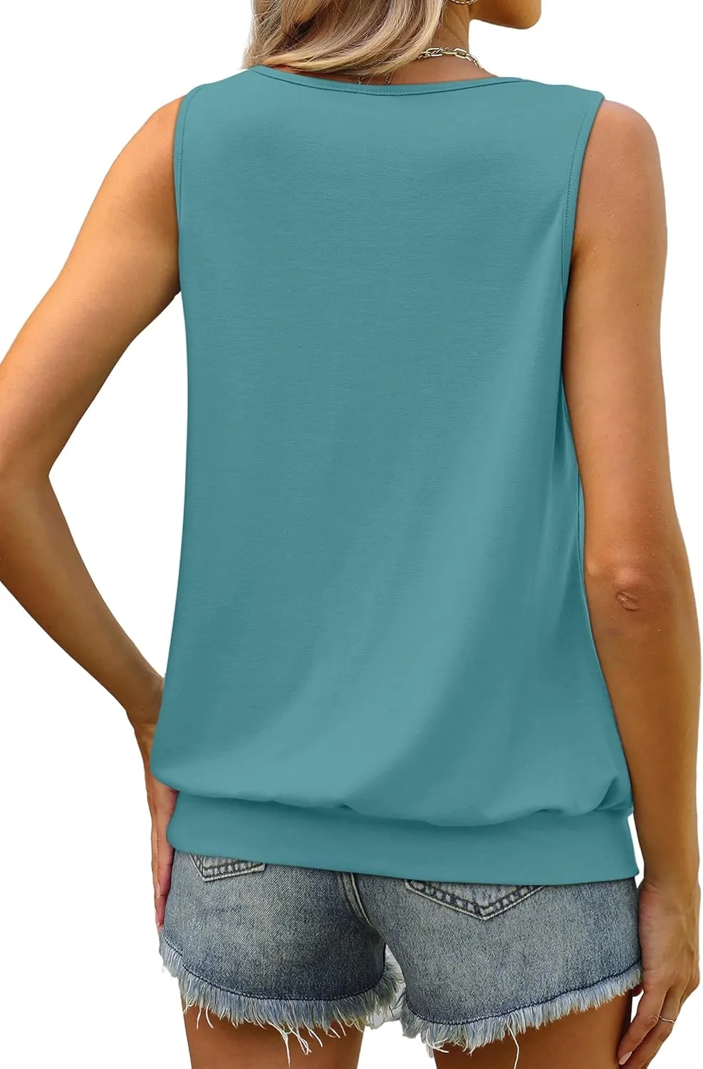 WIHOLL Women's Summer Tank Tops Loose Fit Pleated Scoop Neck Shirts Casual Sleeveless Tops Banded Bottom
