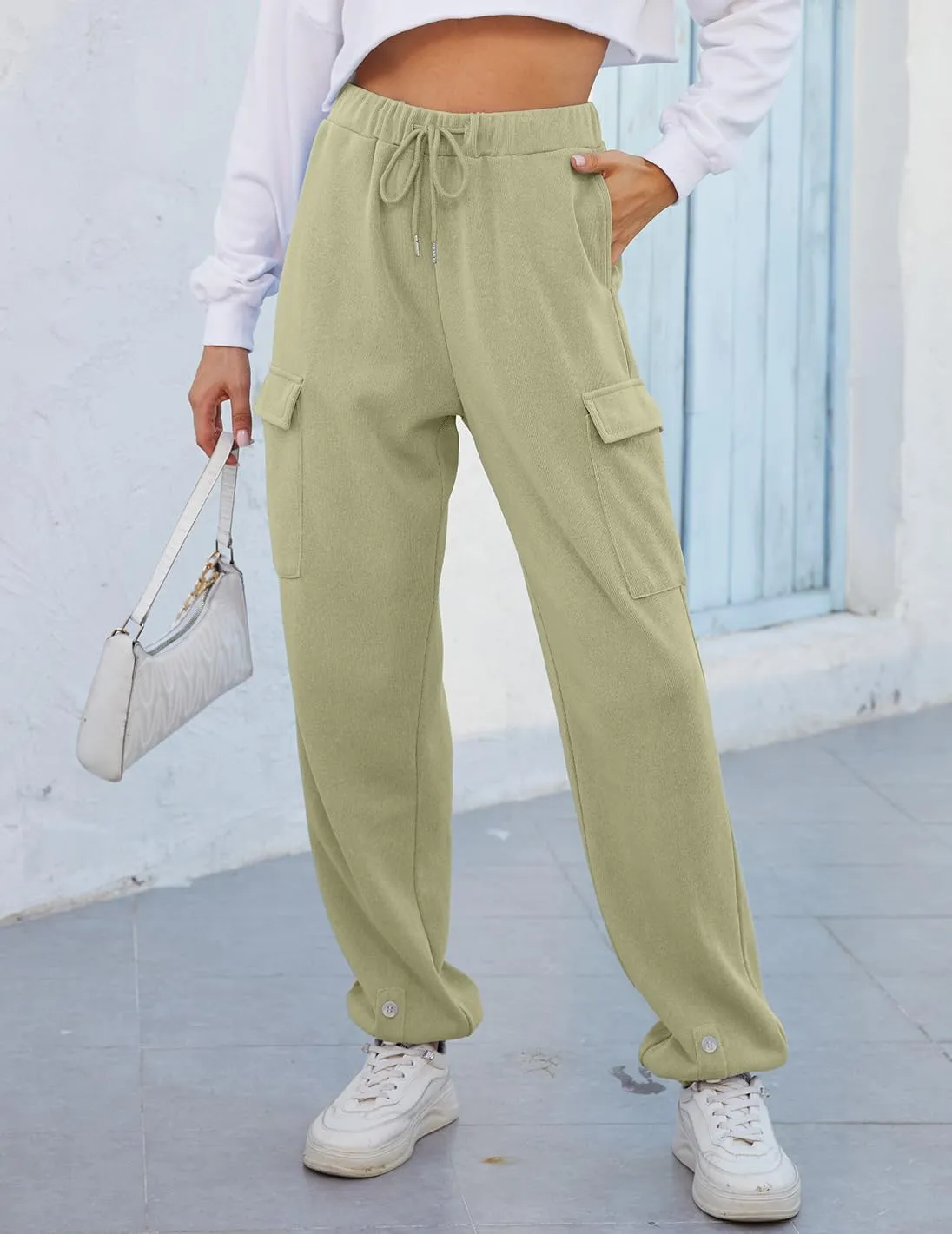 Women Cinch Bottom Cargo Sweatpants Casual Baggy High Waisted Wide Leg Joggers Pants Trousers with Pockets