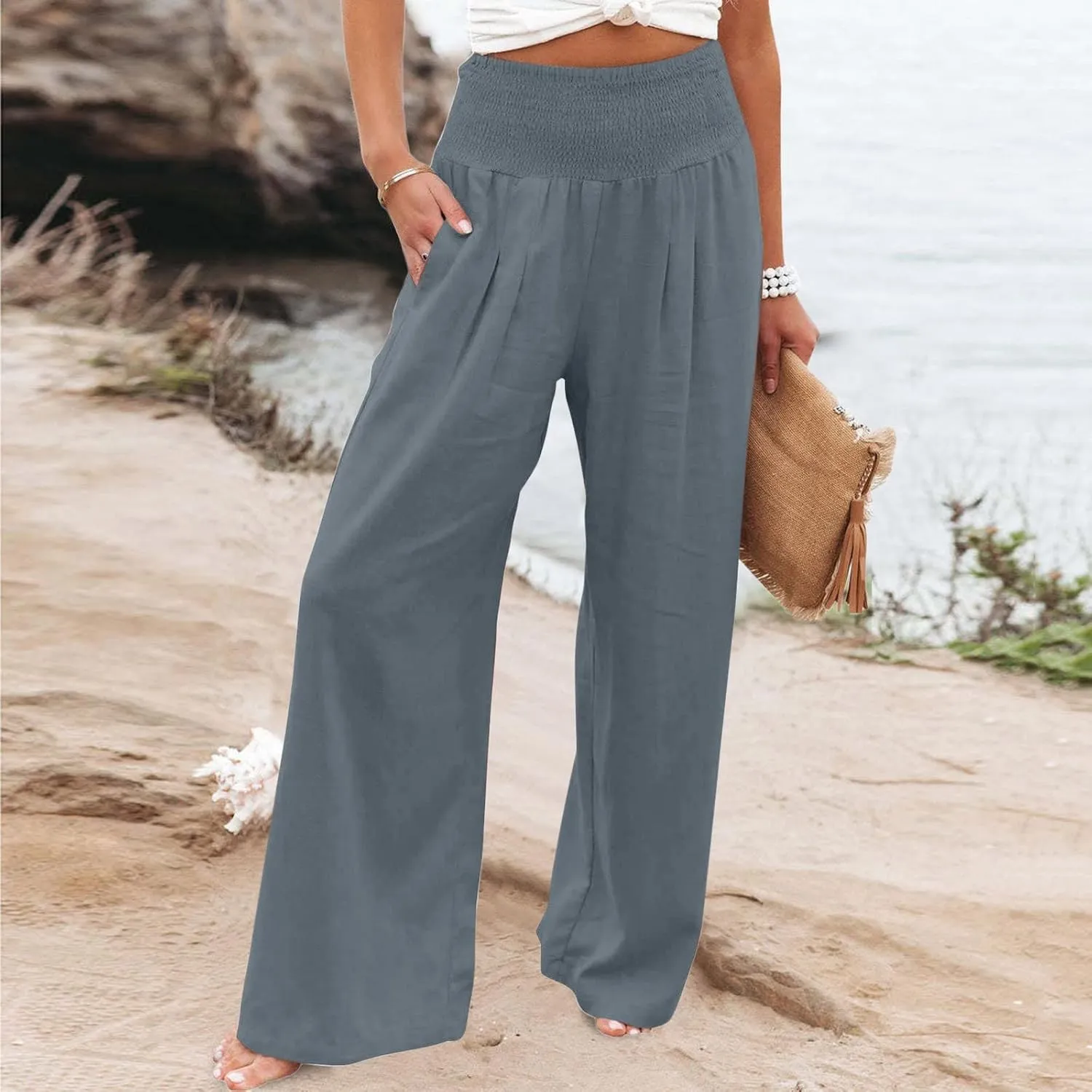 Women Cotton Linen Pant Summer Wide Leg Palazzo Pants Loose Fit Lightweight Slacks High Waist Lounge Trousers