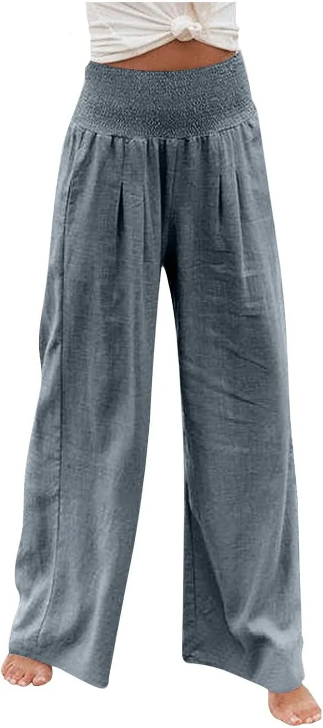 Women Cotton Linen Pant Summer Wide Leg Palazzo Pants Loose Fit Lightweight Slacks High Waist Lounge Trousers