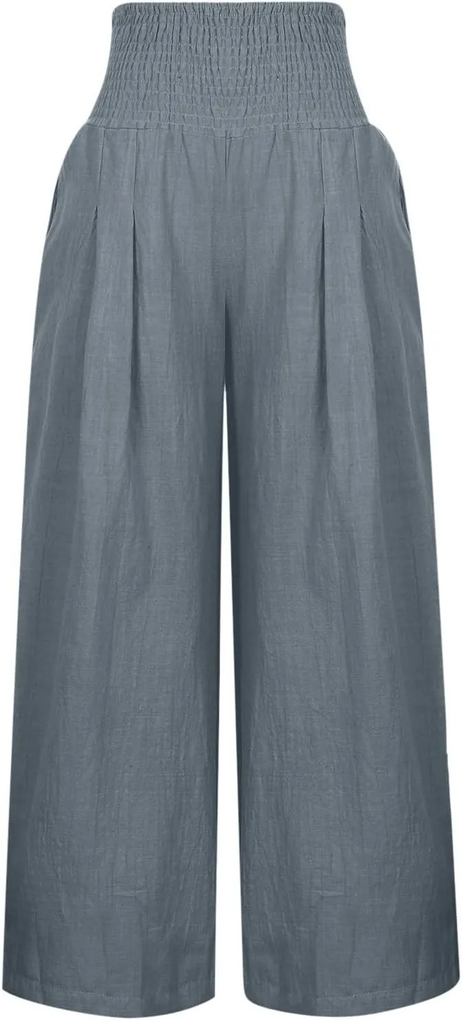 Women Cotton Linen Pant Summer Wide Leg Palazzo Pants Loose Fit Lightweight Slacks High Waist Lounge Trousers