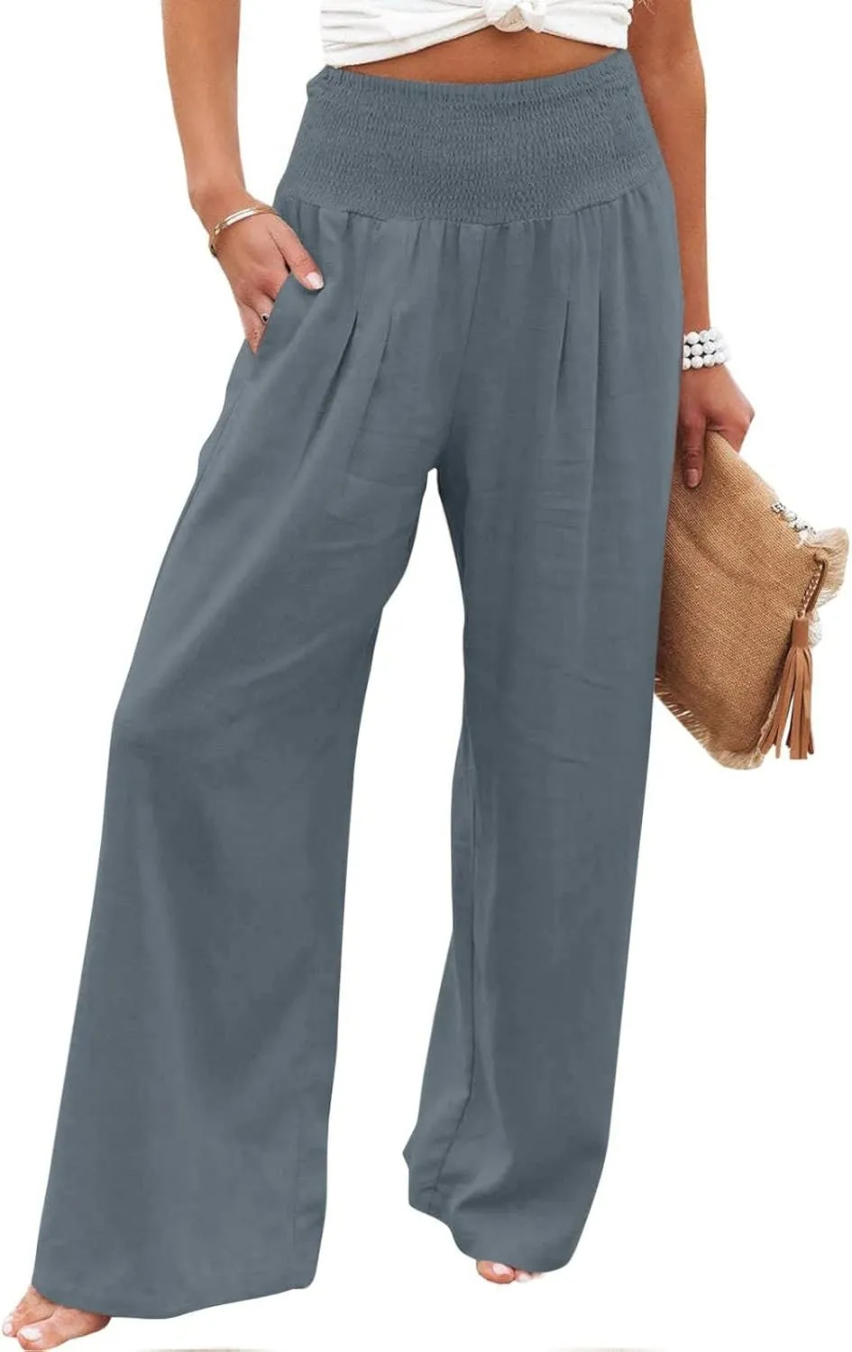 Women Cotton Linen Pant Summer Wide Leg Palazzo Pants Loose Fit Lightweight Slacks High Waist Lounge Trousers