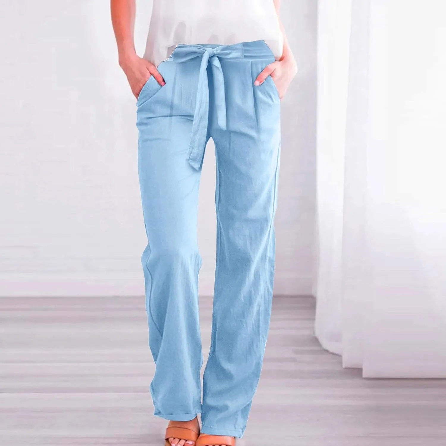 Women Cotton Linen Summer Flowy Pants Elastic Waist Wide Leg Slim-Fit Pants Office