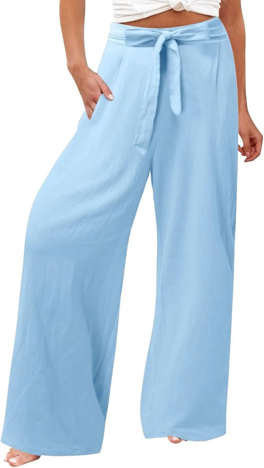 Women Cotton Linen Summer Flowy Pants Elastic Waist Wide Leg Slim-Fit Pants Office