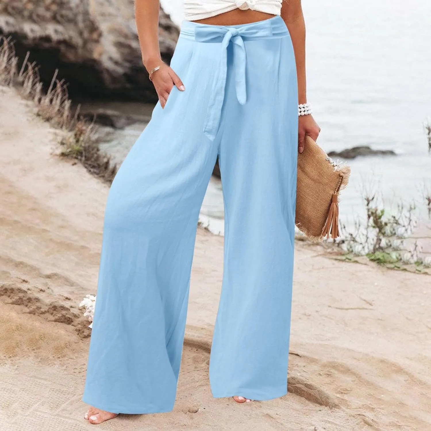 Women Cotton Linen Summer Flowy Pants Elastic Waist Wide Leg Slim-Fit Pants Office