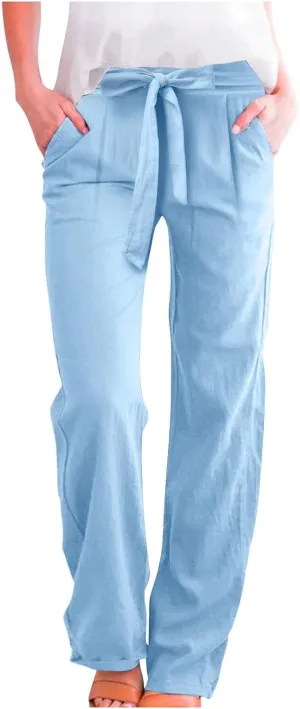Women Cotton Linen Summer Flowy Pants Elastic Waist Wide Leg Slim-Fit Pants Office