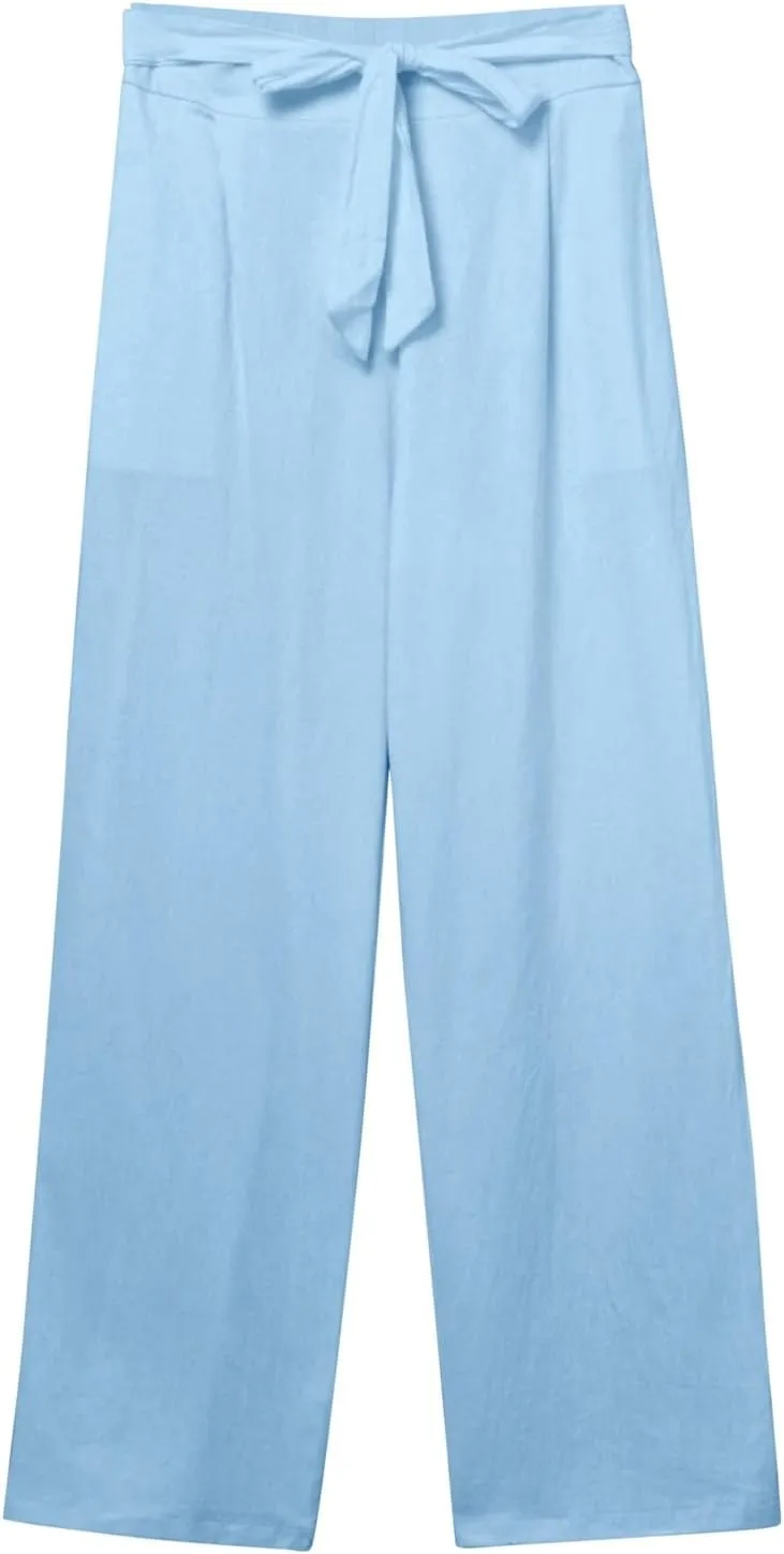 Women Cotton Linen Summer Flowy Pants Elastic Waist Wide Leg Slim-Fit Pants Office