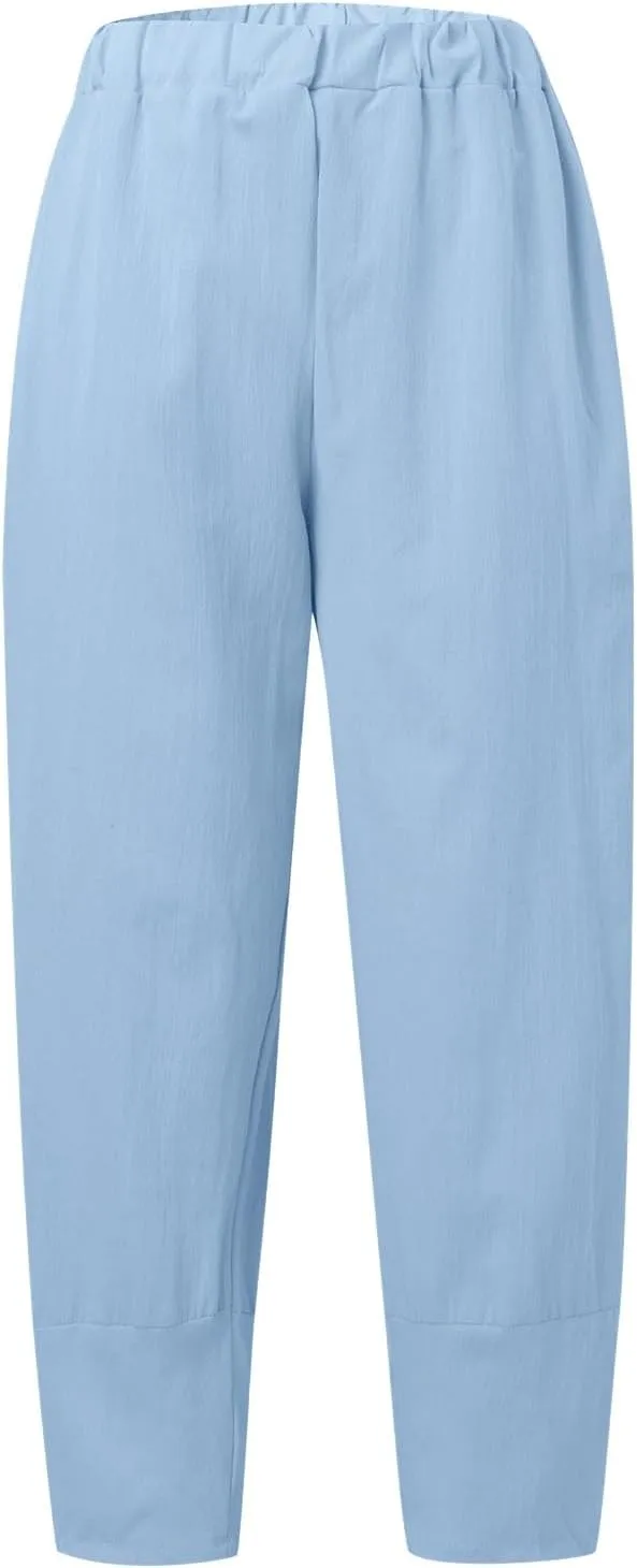 Women Cotton Linen Summer Flowy Pants Elastic Waisted Baggy Stretchy Plus Size Trousers Business Work