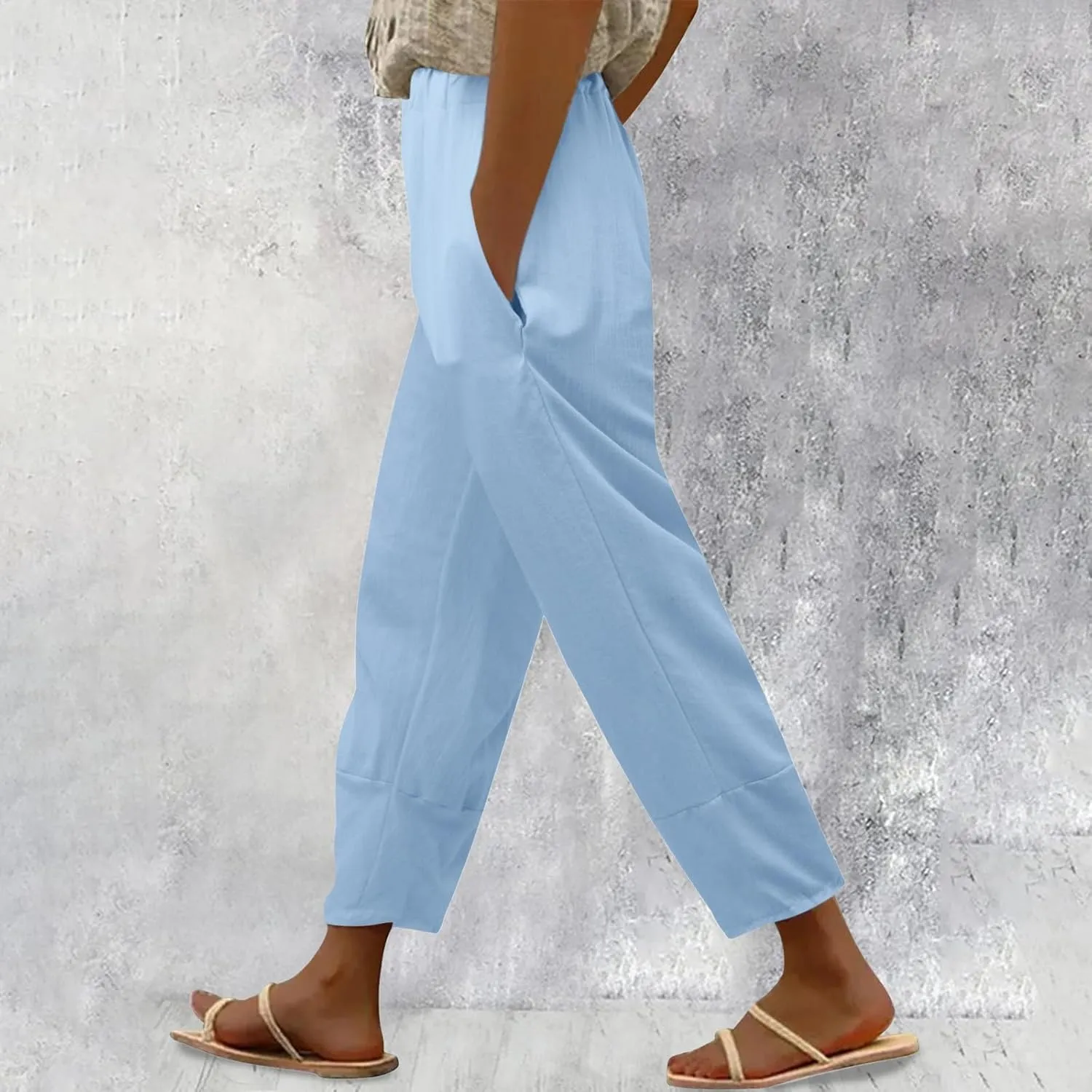 Women Cotton Linen Summer Flowy Pants Elastic Waisted Baggy Stretchy Plus Size Trousers Business Work