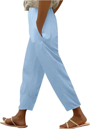 Women Cotton Linen Summer Flowy Pants Elastic Waisted Baggy Stretchy Plus Size Trousers Business Work