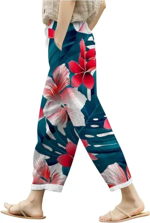 Women Cotton Linen Summer Trendy Pant Trousers Elastic Waisted Long Lounge Slim Fit Pants Beach