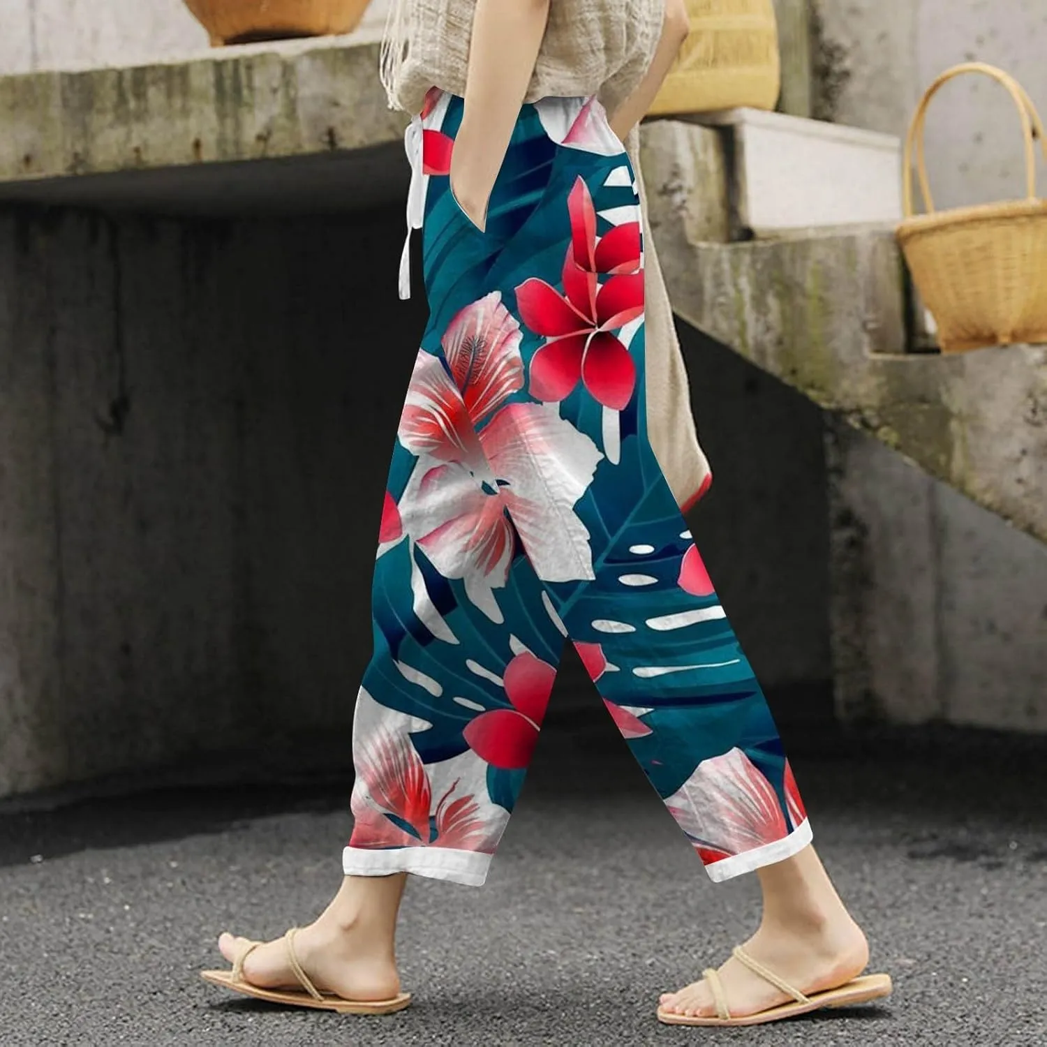 Women Cotton Linen Summer Trendy Pant Trousers Elastic Waisted Long Lounge Slim Fit Pants Beach