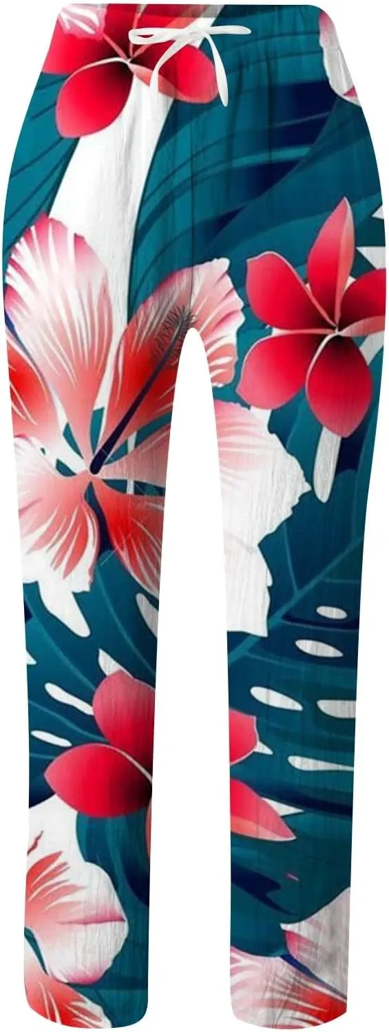 Women Cotton Linen Summer Trendy Pant Trousers Elastic Waisted Long Lounge Slim Fit Pants Beach