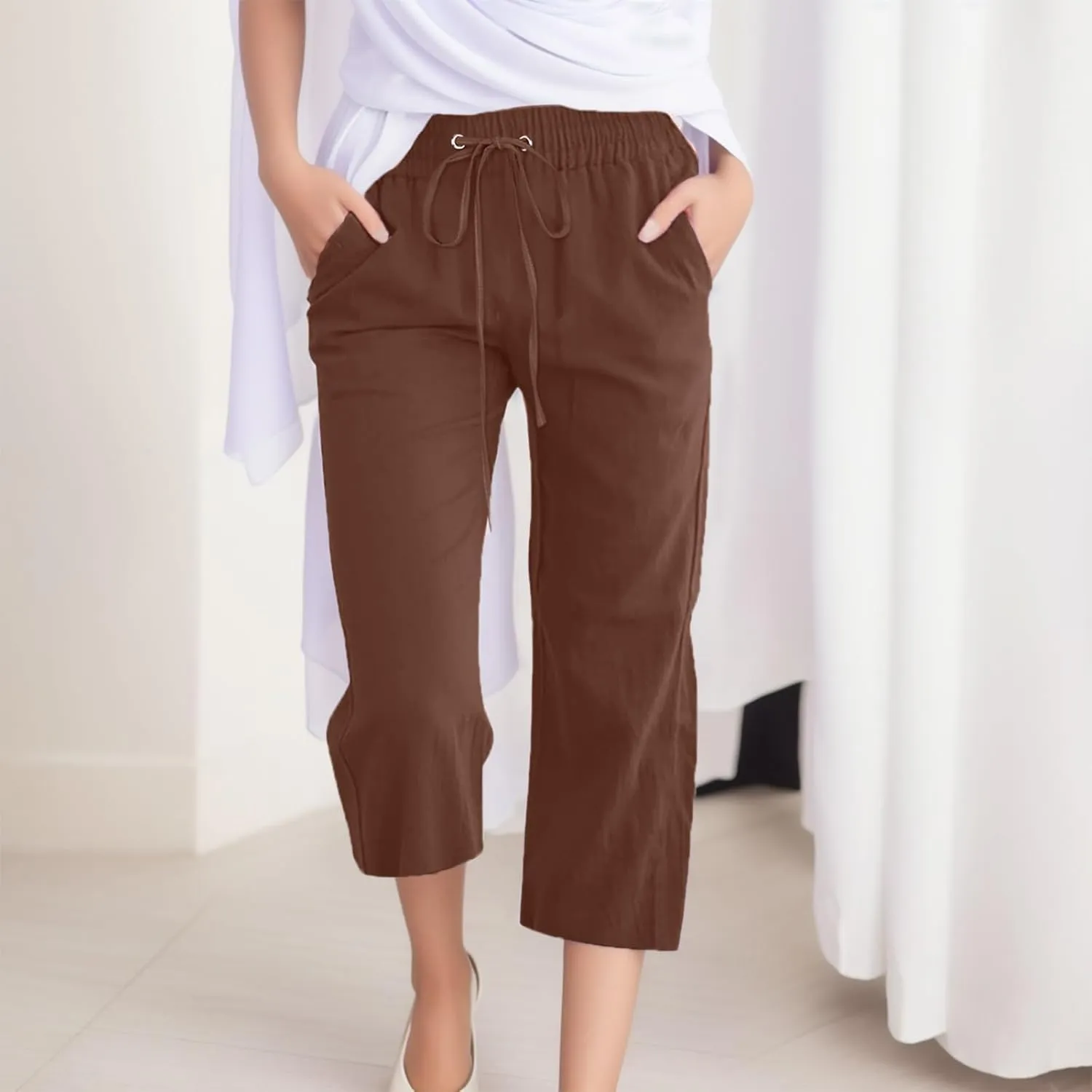 Women Cotton Linen Summer Y2K Fashion Pant Trousers High Waist Stretchy Loose Fit Trouser Trendy