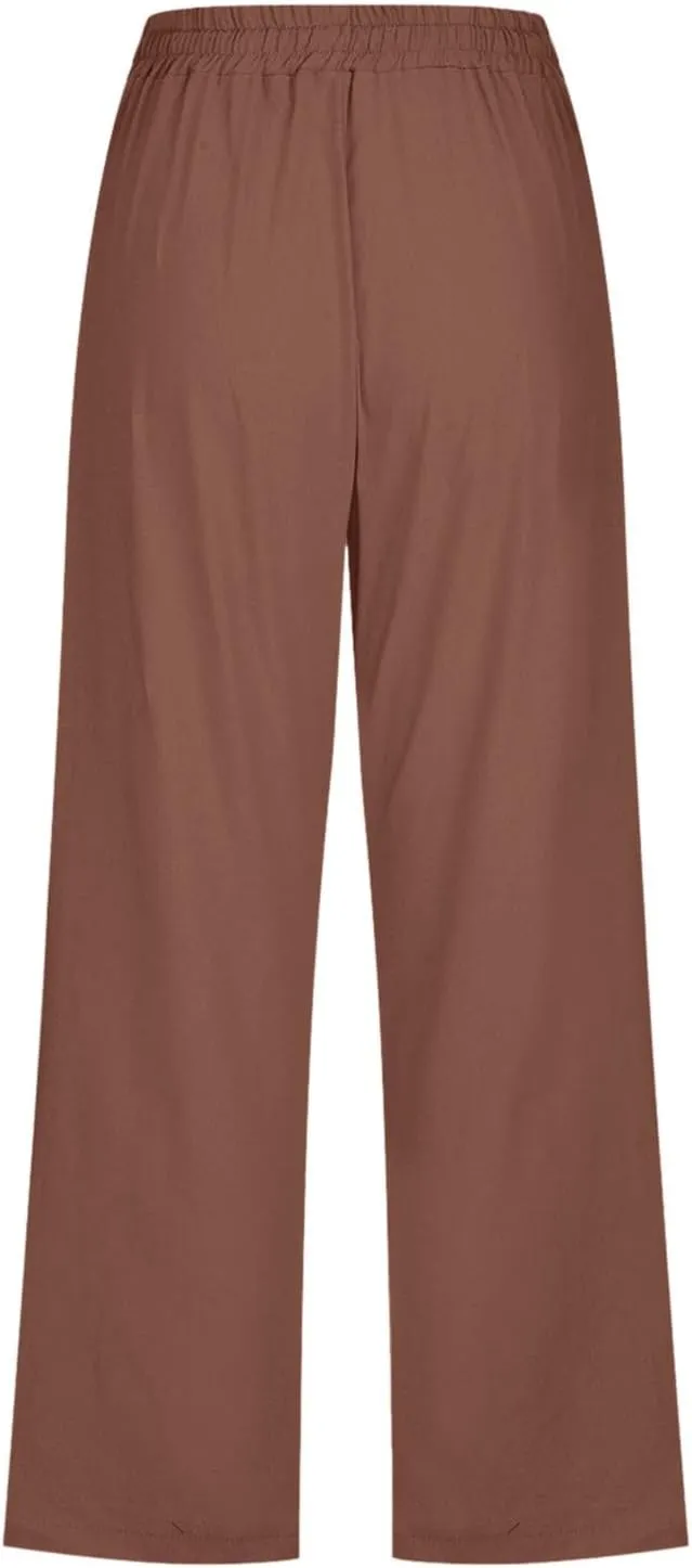 Women Cotton Linen Summer Y2K Fashion Pant Trousers High Waist Stretchy Loose Fit Trouser Trendy