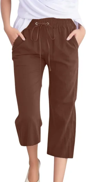 Women Cotton Linen Summer Y2K Fashion Pant Trousers High Waist Stretchy Loose Fit Trouser Trendy