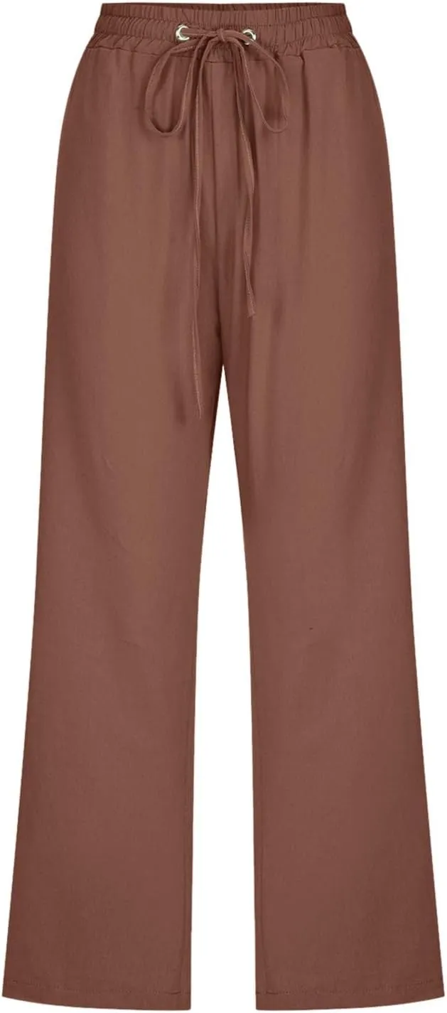 Women Cotton Linen Summer Y2K Fashion Pant Trousers High Waist Stretchy Loose Fit Trouser Trendy