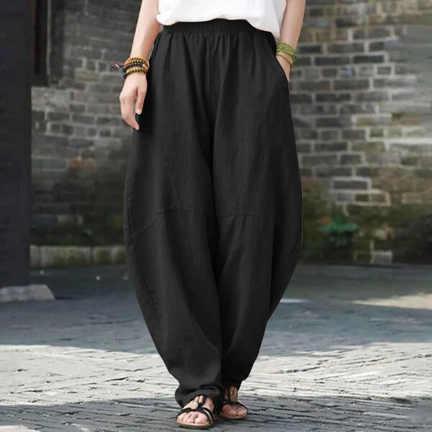 Women Fashion Solid Pocket Casual Loose Pants Spliced High Waist Trousers Wide Leg Pants for Women High Waist
