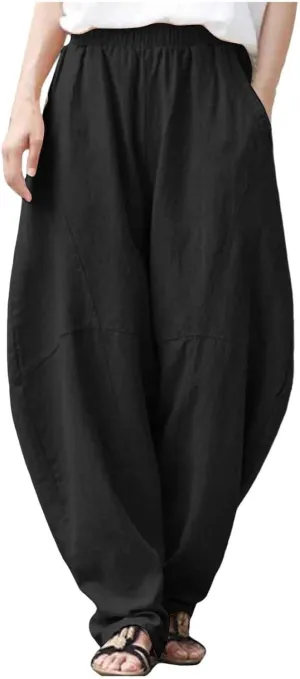 Women Fashion Solid Pocket Casual Loose Pants Spliced High Waist Trousers Wide Leg Pants for Women High Waist