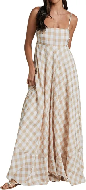 Women Gingham Maxi Dress Sleeveless Flowy Ruffle Checkered Long Dresses Spaghetti Strap Plaid Midi Sundress Summer