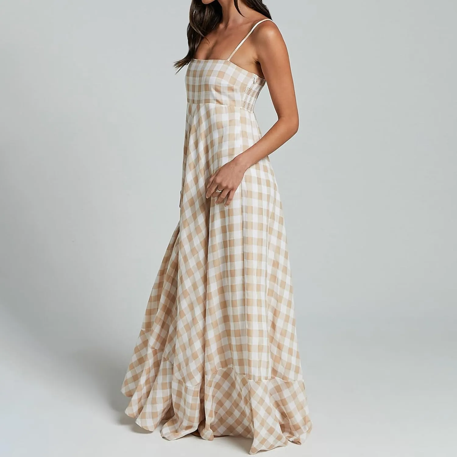 Women Gingham Maxi Dress Sleeveless Flowy Ruffle Checkered Long Dresses Spaghetti Strap Plaid Midi Sundress Summer
