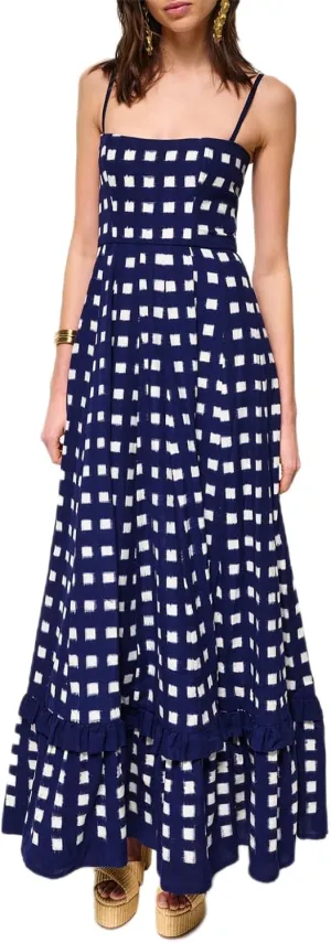 Women Gingham Maxi Dress Sleeveless Flowy Ruffle Checkered Long Dresses Spaghetti Strap Plaid Midi Sundress Summer