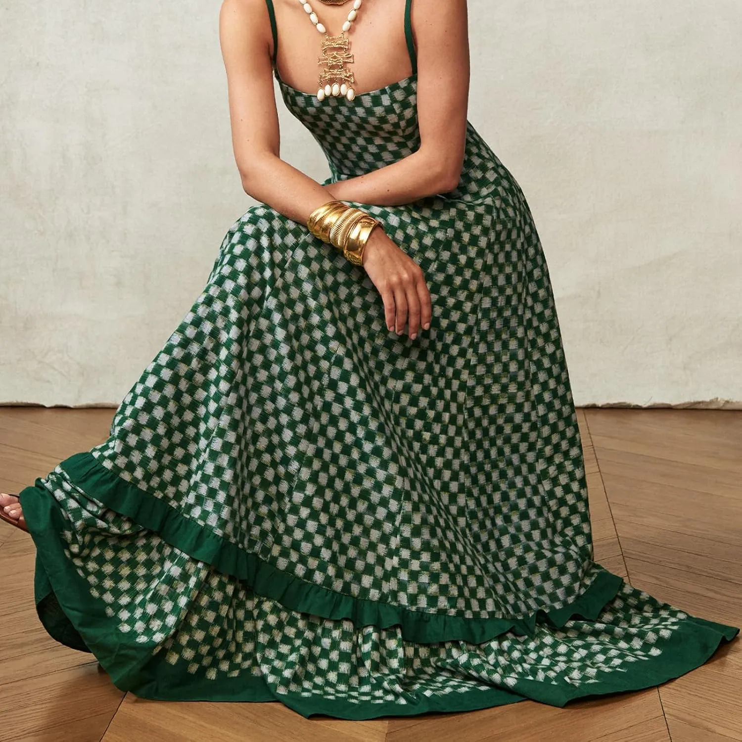 Women Gingham Maxi Dress Sleeveless Flowy Ruffle Checkered Long Dresses Spaghetti Strap Plaid Midi Sundress Summer