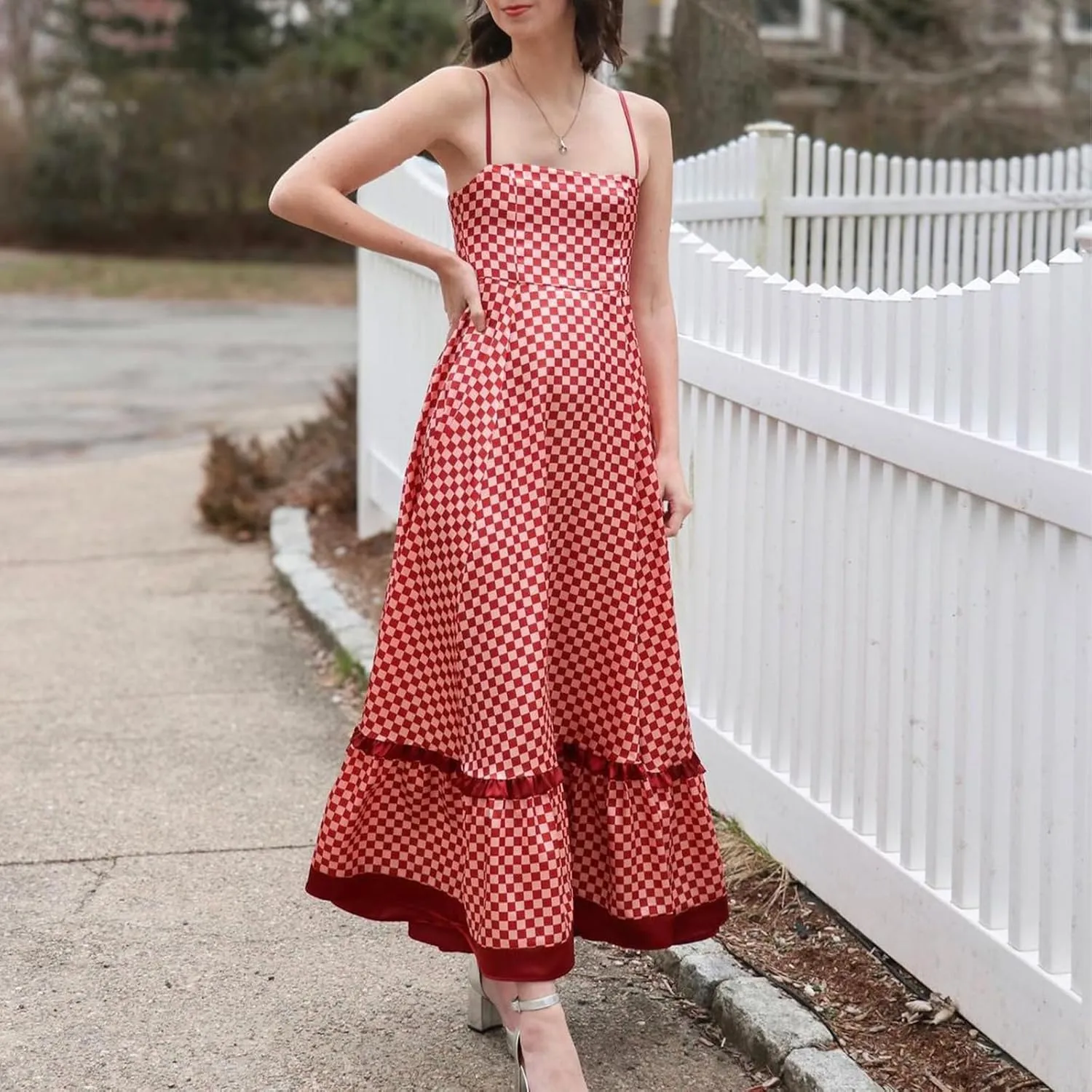 Women Gingham Maxi Dress Sleeveless Flowy Ruffle Checkered Long Dresses Spaghetti Strap Plaid Midi Sundress Summer