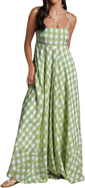 Women Gingham Maxi Dress Sleeveless Flowy Ruffle Checkered Long Dresses Spaghetti Strap Plaid Midi Sundress Summer