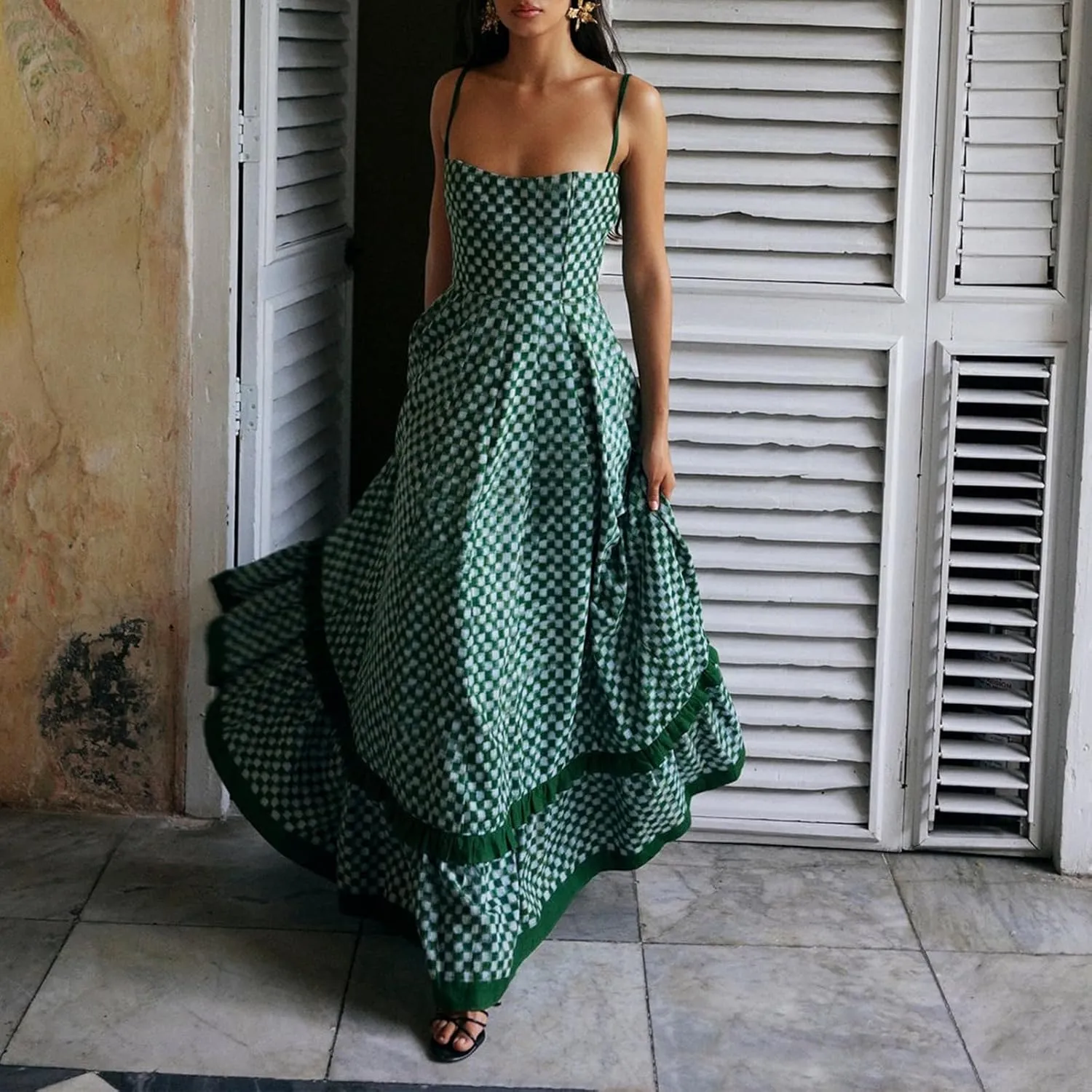 Women Gingham Maxi Dress Sleeveless Flowy Ruffle Checkered Long Dresses Spaghetti Strap Plaid Midi Sundress Summer