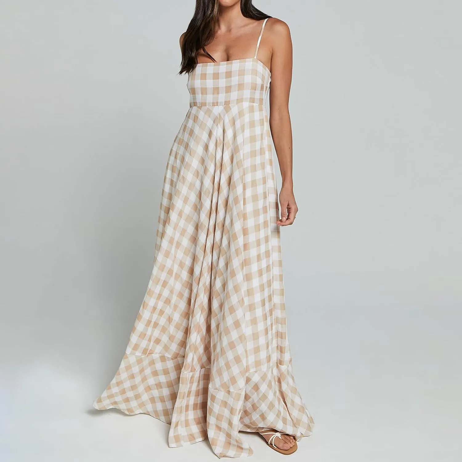 Women Gingham Maxi Dress Sleeveless Flowy Ruffle Checkered Long Dresses Spaghetti Strap Plaid Midi Sundress Summer