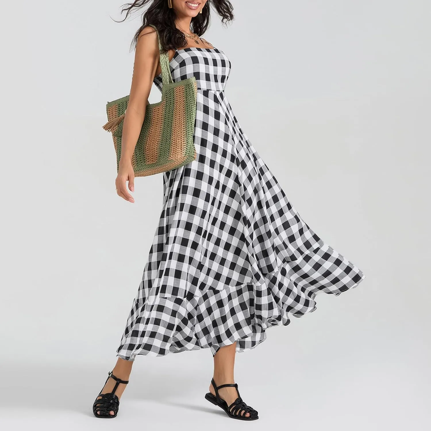 Women Gingham Maxi Dress Sleeveless Flowy Ruffle Checkered Long Dresses Spaghetti Strap Plaid Midi Sundress Summer